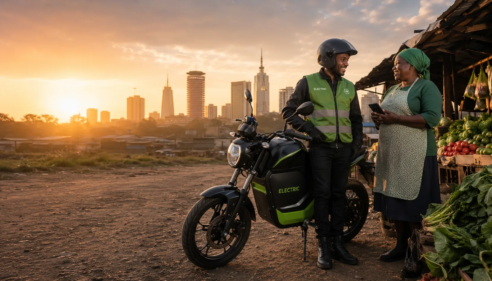 A boda-boda rider pays a market vendor with his phone at sunrise, Nairobi skyline behind them