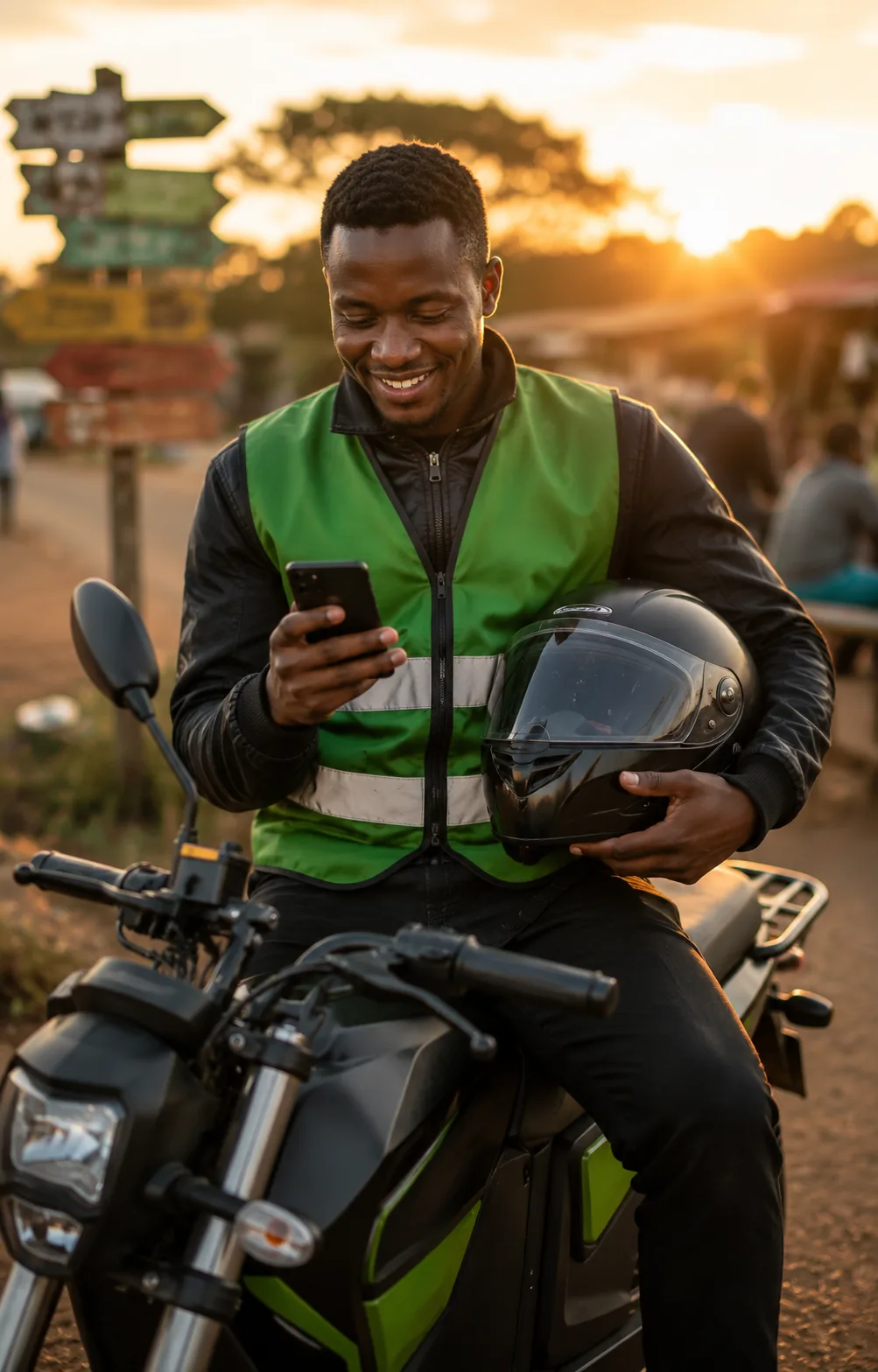 A boda-boda rider at his stage checking his savings on Kinga