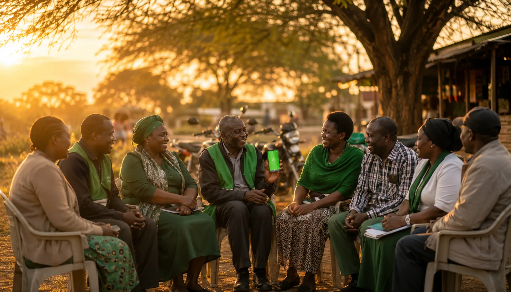 A SACCO committee meeting under a tree, reviewing approvals on a phone