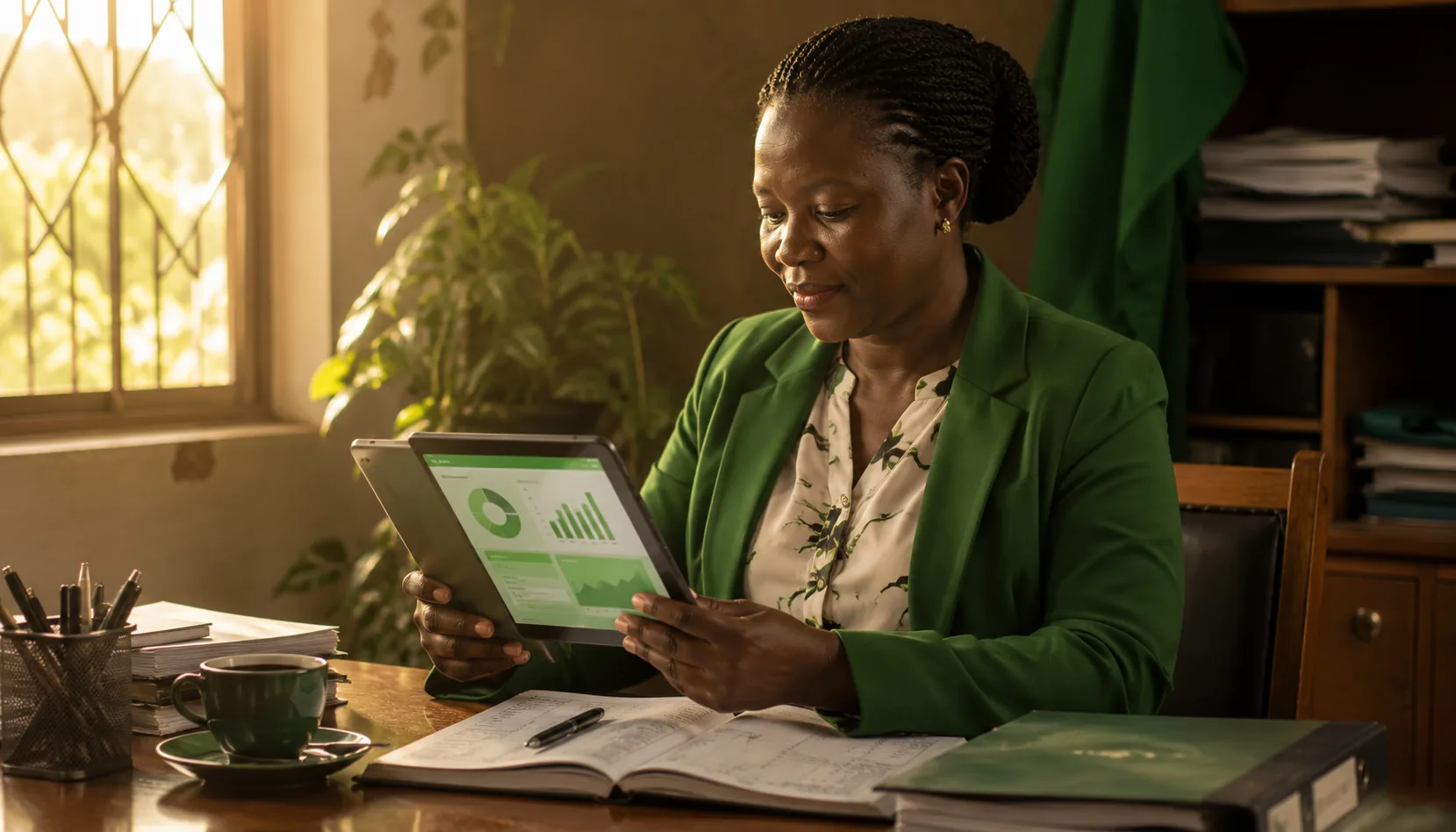 A SACCO treasurer reconciling accounts on a tablet