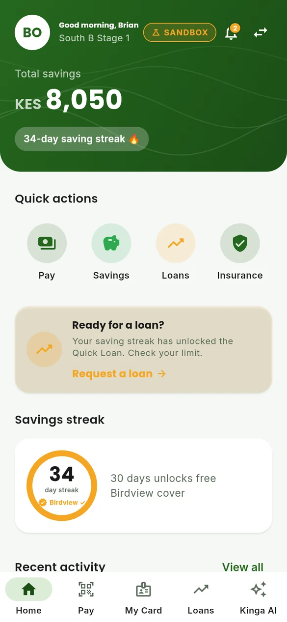 Member dashboard with balance and savings streak