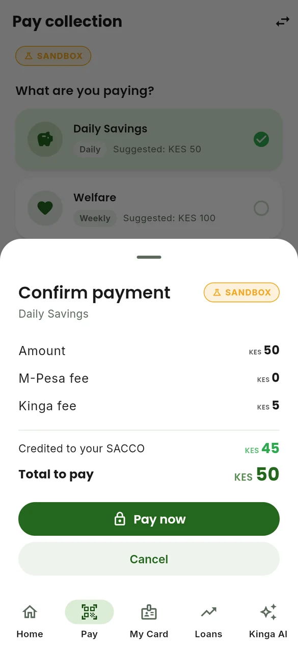 Pay collection screen with itemised fees