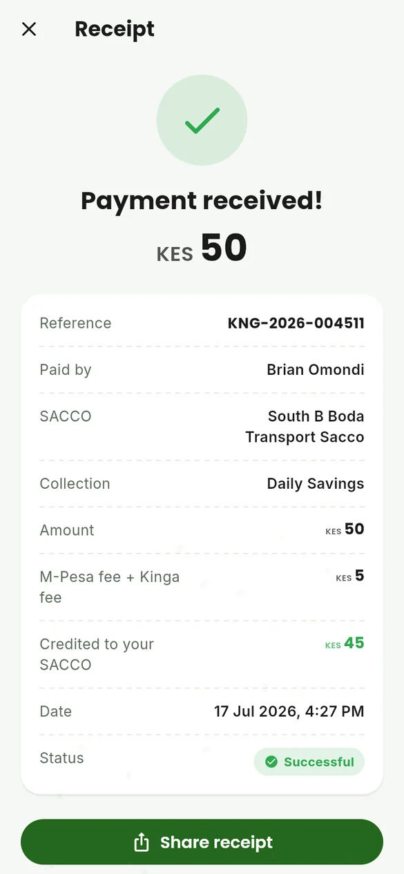 Instant payment receipt